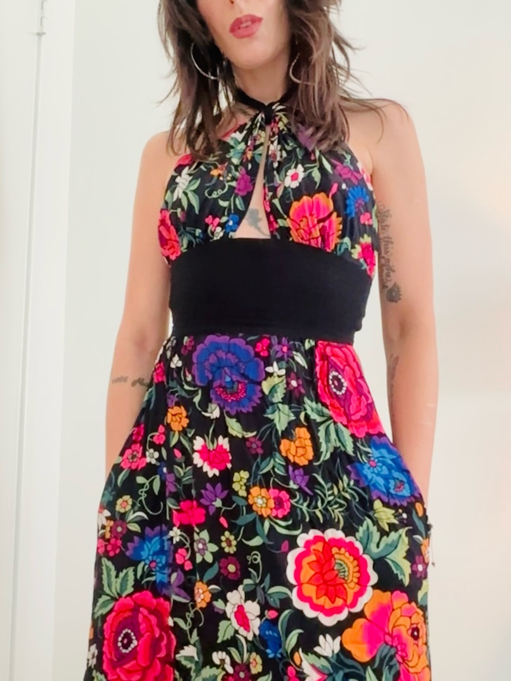 Trashy Diva Black Halter Maxi Dress with Bright Floral Print